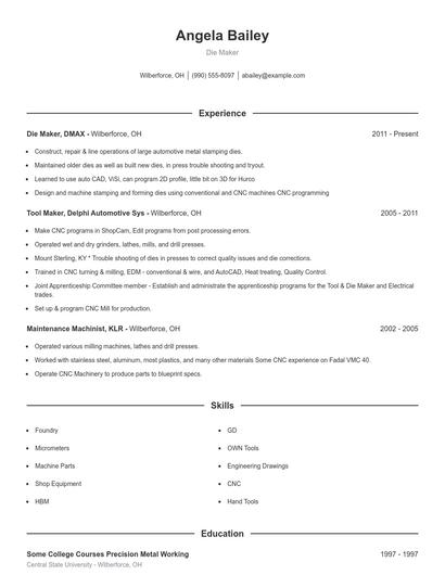 Die Maker Resume