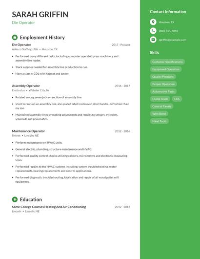 Die Operator Resume