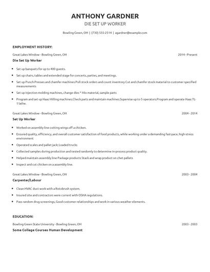 Die Set Up Worker Resume