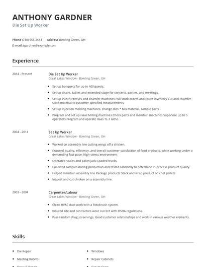 Die Set Up Worker Resume