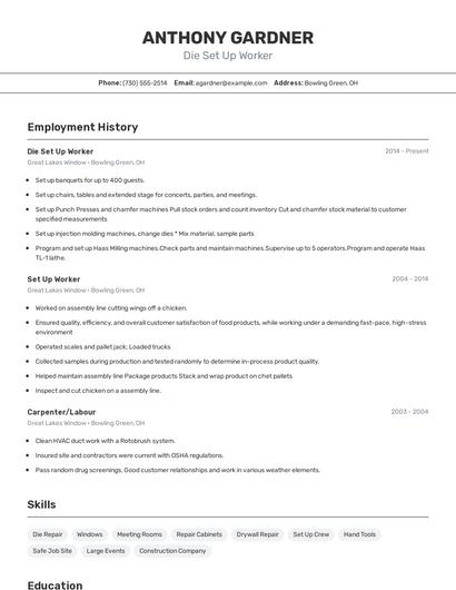 Die Set Up Worker Resume