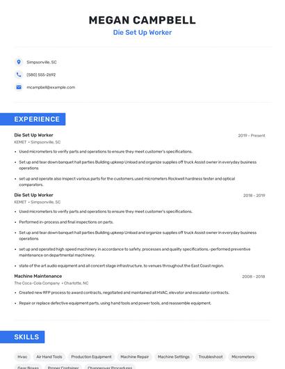 Die Set Up Worker Resume