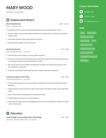 Die Set Up Worker Resume