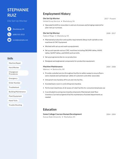 Die Set Up Worker Resume