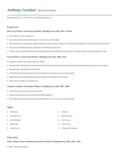 Die Set Up Worker Resume