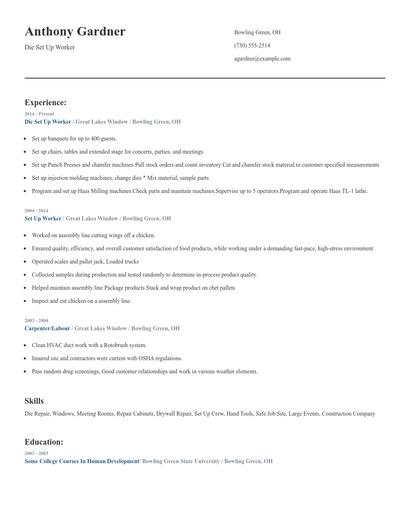 Die Set Up Worker Resume