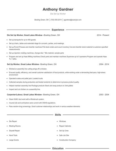 Die Set Up Worker Resume