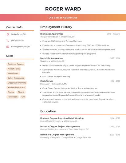 Die Sinker Apprentice Resume