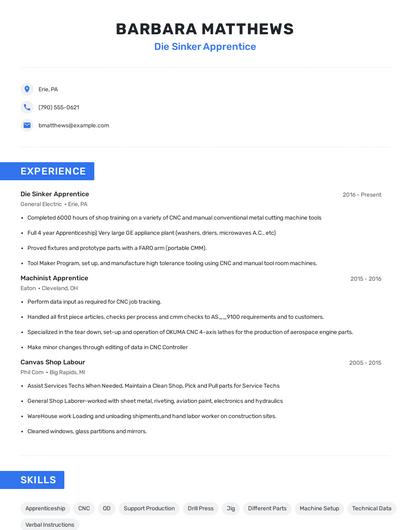 Die Sinker Apprentice Resume