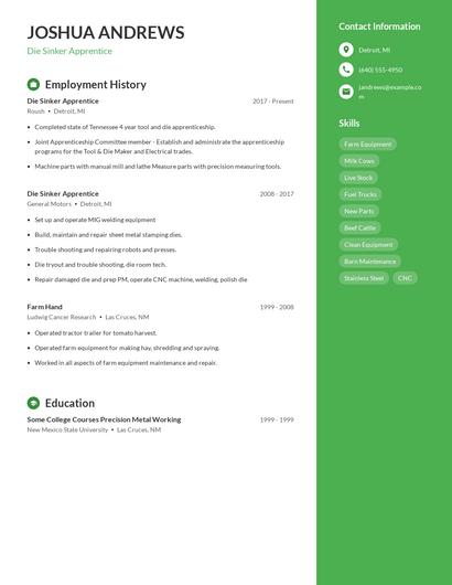 Die Sinker Apprentice Resume