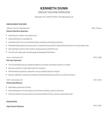 Diecast Machine Operator Resume