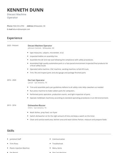 Diecast Machine Operator Resume