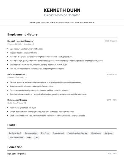 Diecast Machine Operator Resume