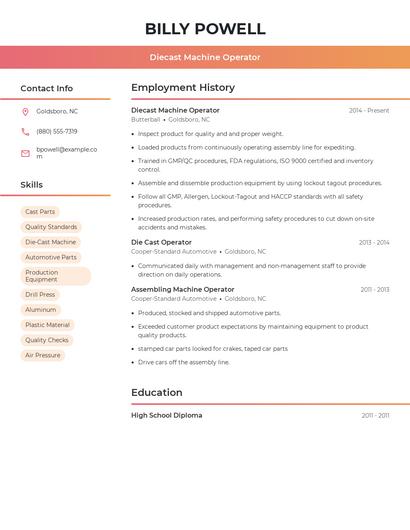 Diecast Machine Operator Resume