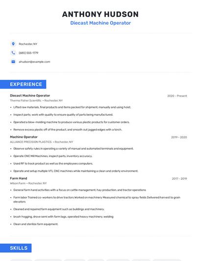 Diecast Machine Operator Resume