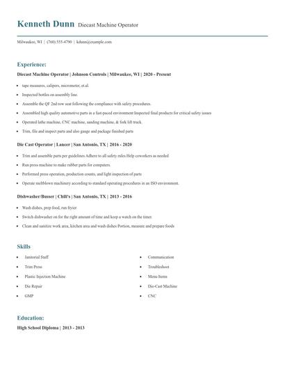 Diecast Machine Operator Resume