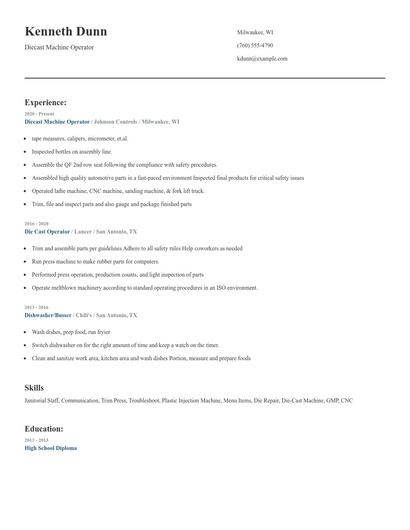 Diecast Machine Operator Resume