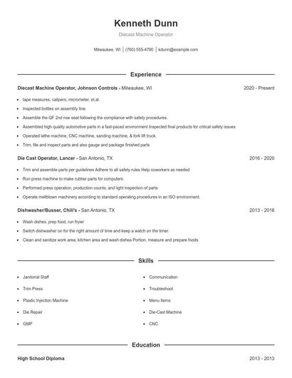 Diecast Machine Operator Resume