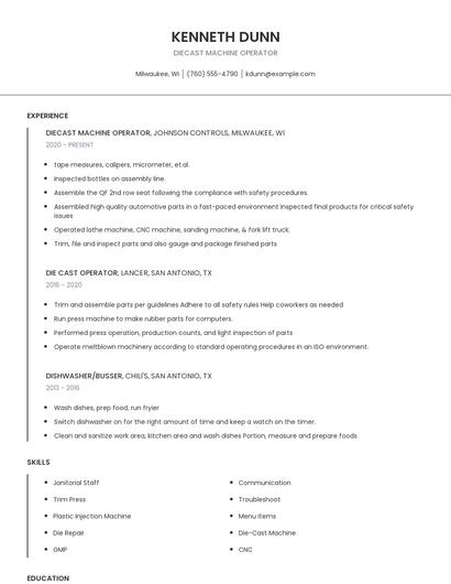 Diecast Machine Operator Resume