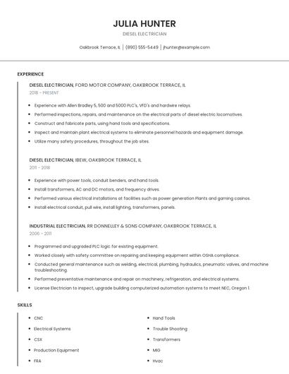 Diesel Electrician Resume
