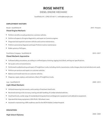 Diesel Engine Mechanic Resume