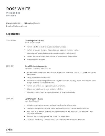 Diesel Engine Mechanic Resume