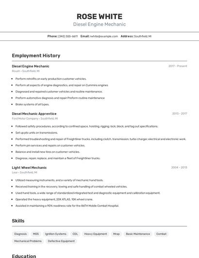 Diesel Engine Mechanic Resume