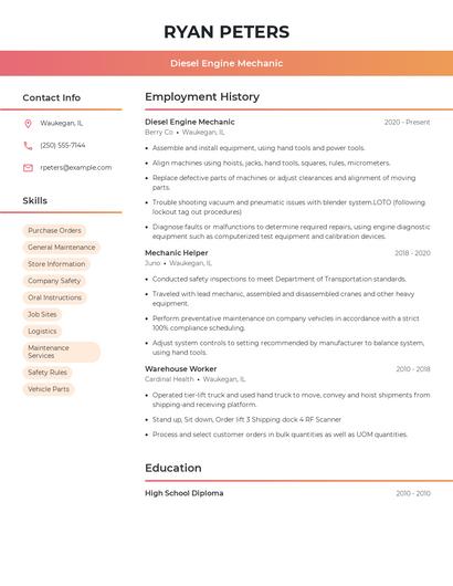Diesel Engine Mechanic Resume