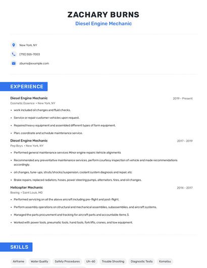 Diesel Engine Mechanic Resume