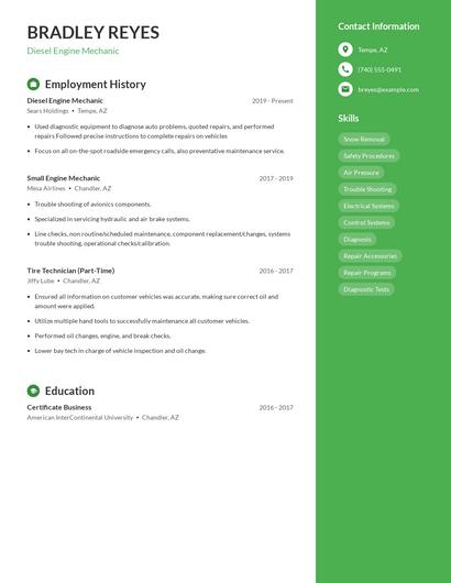 Diesel Engine Mechanic Resume