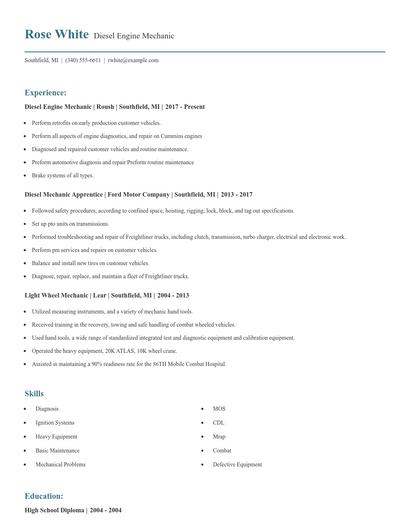 Diesel Engine Mechanic Resume
