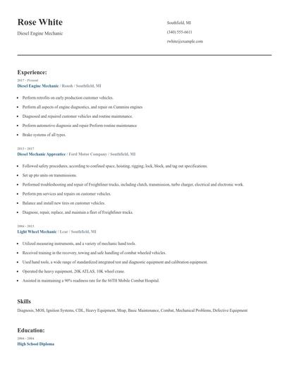 Diesel Engine Mechanic Resume