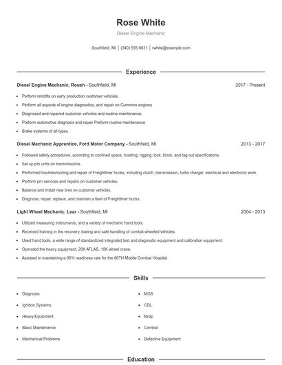 Diesel Engine Mechanic Resume