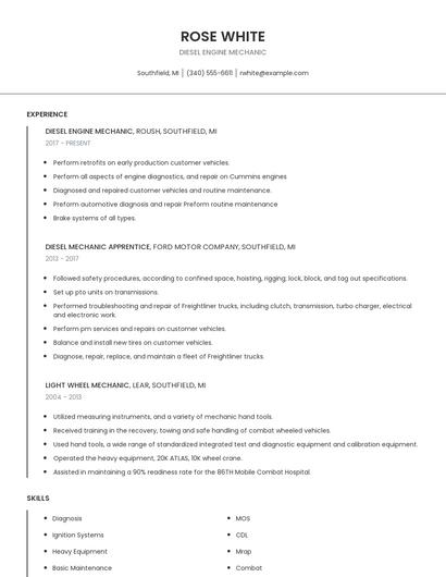 Diesel Engine Mechanic Resume
