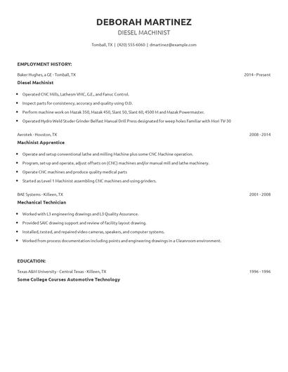 Diesel Machinist Resume