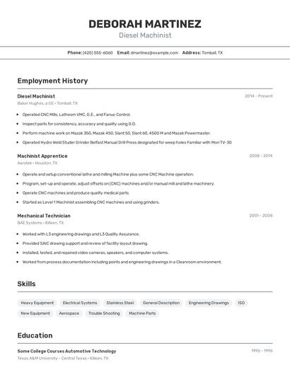Diesel Machinist Resume