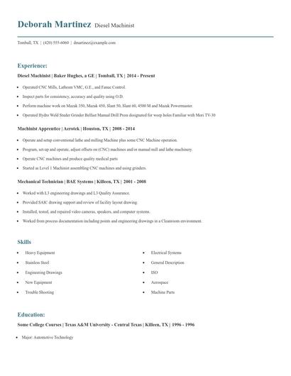 Diesel Machinist Resume