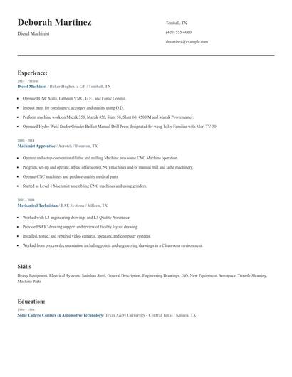 Diesel Machinist Resume