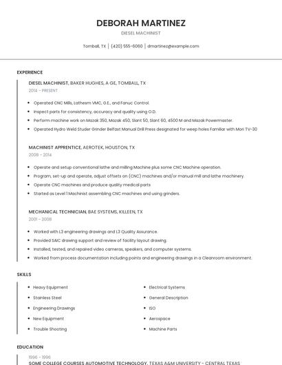 Diesel Machinist Resume