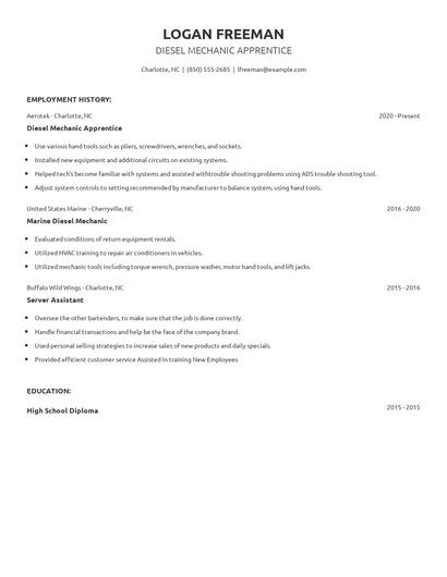 Diesel Mechanic Apprentice Resume