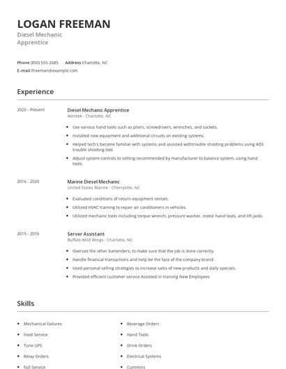 Diesel Mechanic Apprentice Resume