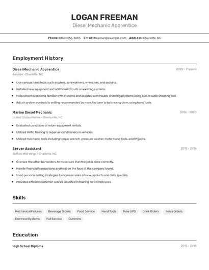Diesel Mechanic Apprentice Resume