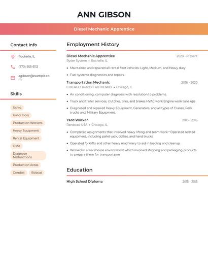 Diesel Mechanic Apprentice Resume