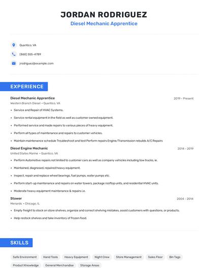 Diesel Mechanic Apprentice Resume