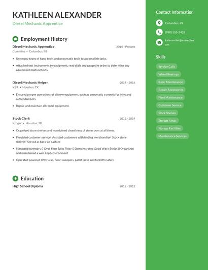 Diesel Mechanic Apprentice Resume