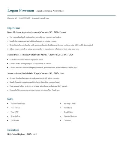 Diesel Mechanic Apprentice Resume