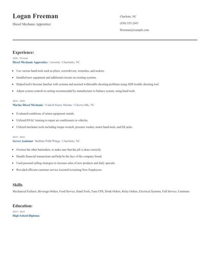Diesel Mechanic Apprentice Resume
