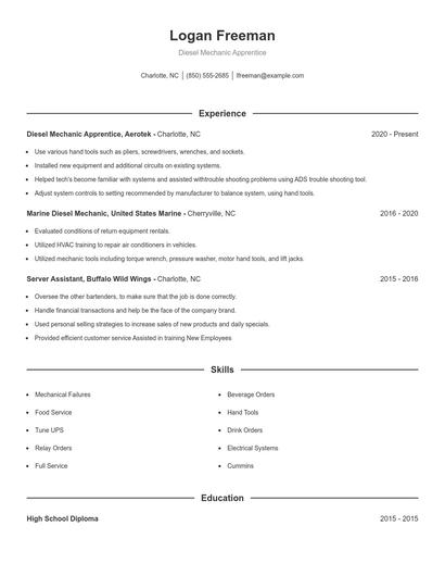 Diesel Mechanic Apprentice Resume