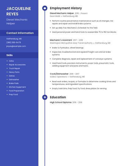 Diesel Mechanic Helper Resume