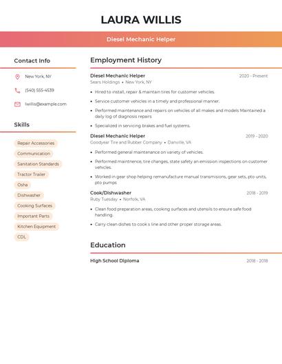 Diesel Mechanic Helper Resume
